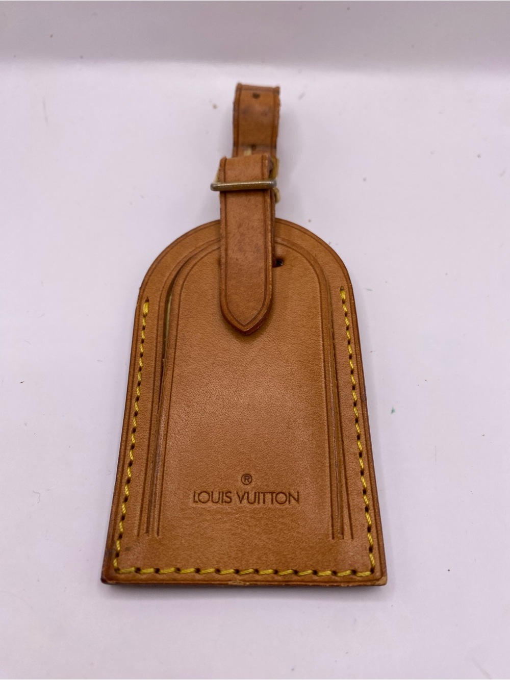 Louis Vuitton Brown Leather Luggage Tag with Yellow Stitching
